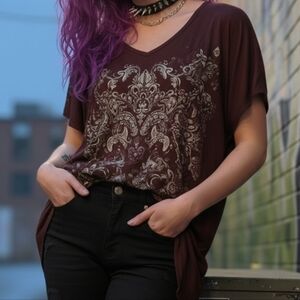 [[Rock & Republic]] Burgundy Paisley Short Sleeve Split Tail Top